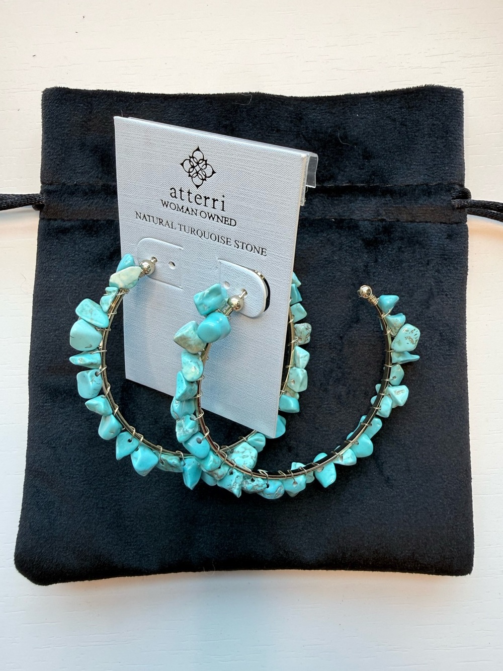 Atterri Genuine Turquoise Chip Hoop Earrings - Turquoise 3” hoops